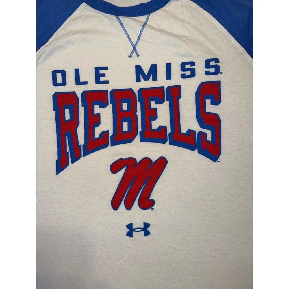 Ole Miss Under Armor Baseball Retro T Shirt Size Medium Blue And White
